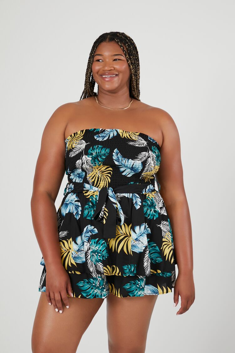 Forever 21 Plus Women's Tropical Leaf Print Romper Black