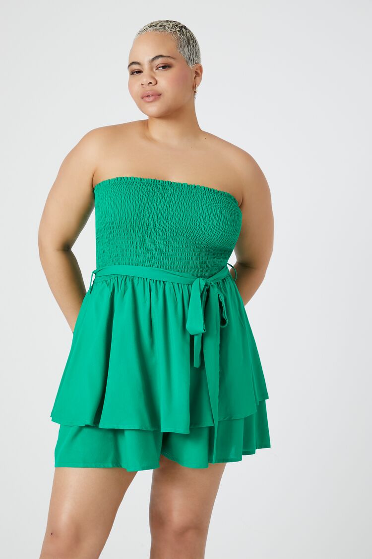 Forever 21 Plus Women's Belted Strapless Romper Green