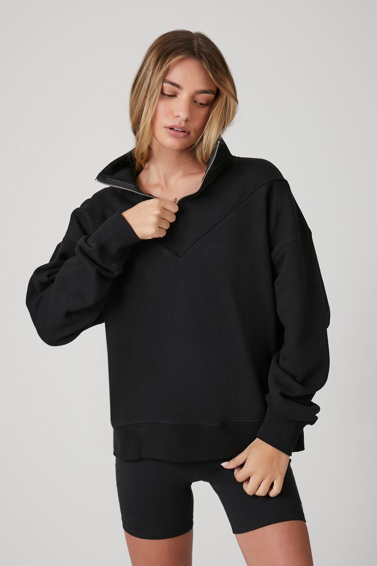 Forever 21 Women's French Terry Half-Zip Pullover Black