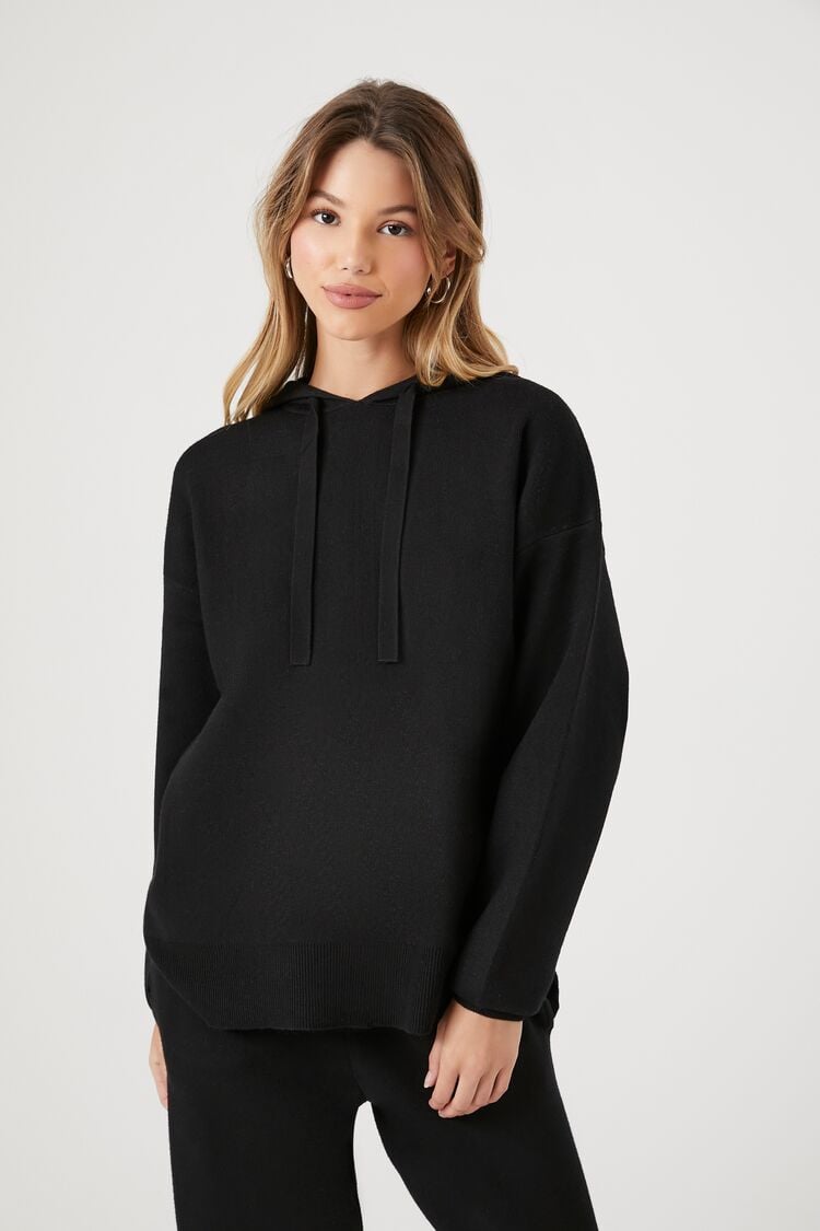 Forever 21 Women's Drawstring Sweater-Knit Hoodie Sweatshirt Black