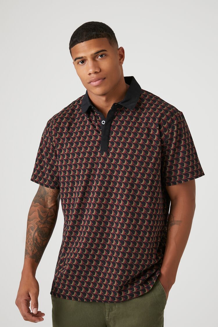 Forever 21 Men's Geo Print Polo Shirt Burgundy/Multi