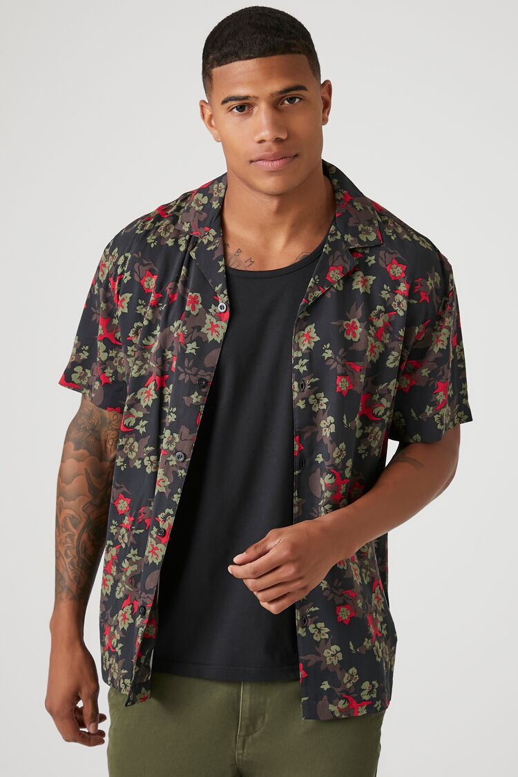 Forever 21 Men's Floral Print Short-Sleeve Shirt Black/Multi