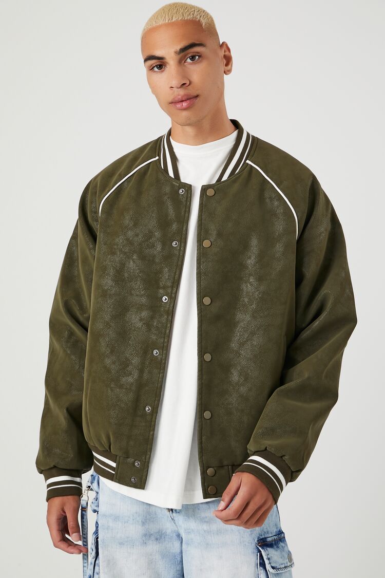 Forever 21 Men's Faux Suede Varsity Bomber Jacket Olive/Taupe