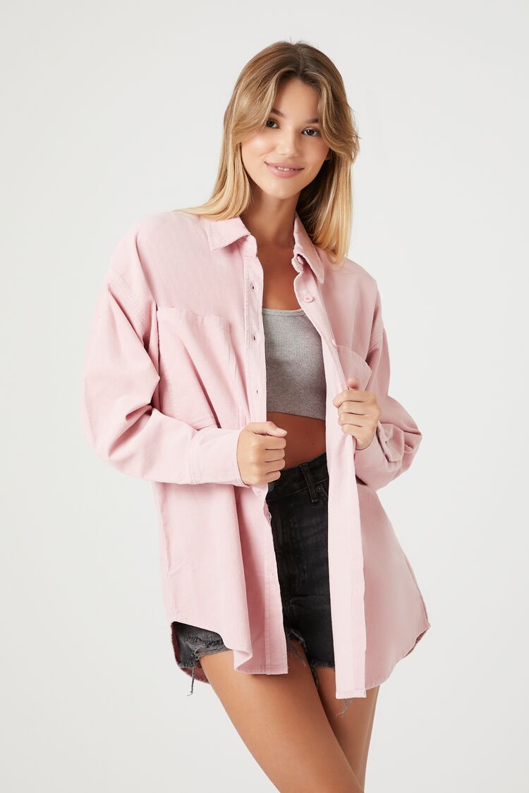 Forever 21 Women's Oversized Corduroy Shirt Pink