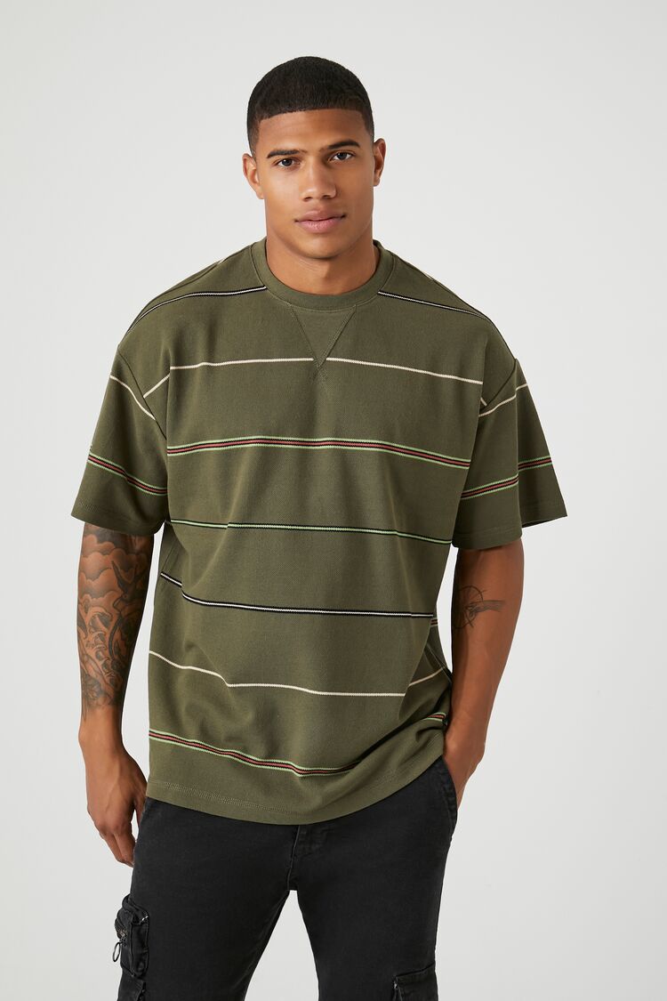 Forever 21 Men's Striped V-Notch Crew T-Shirt Olive/Multi