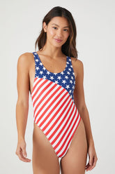 Forever 21 Women's Star Striped One-Piece Swimsuit Red/Blue