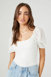 Forever 21 Women's Puff-Sleeve Scoop Bodysuit White