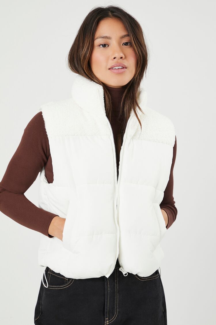 Forever 21 Women's Zip-Up Quilted Puffer Vest Cream