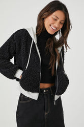 Forever 21 Women's Hooded Faux Shearling/Sherpa Cropped Jacket Black/Light Grey