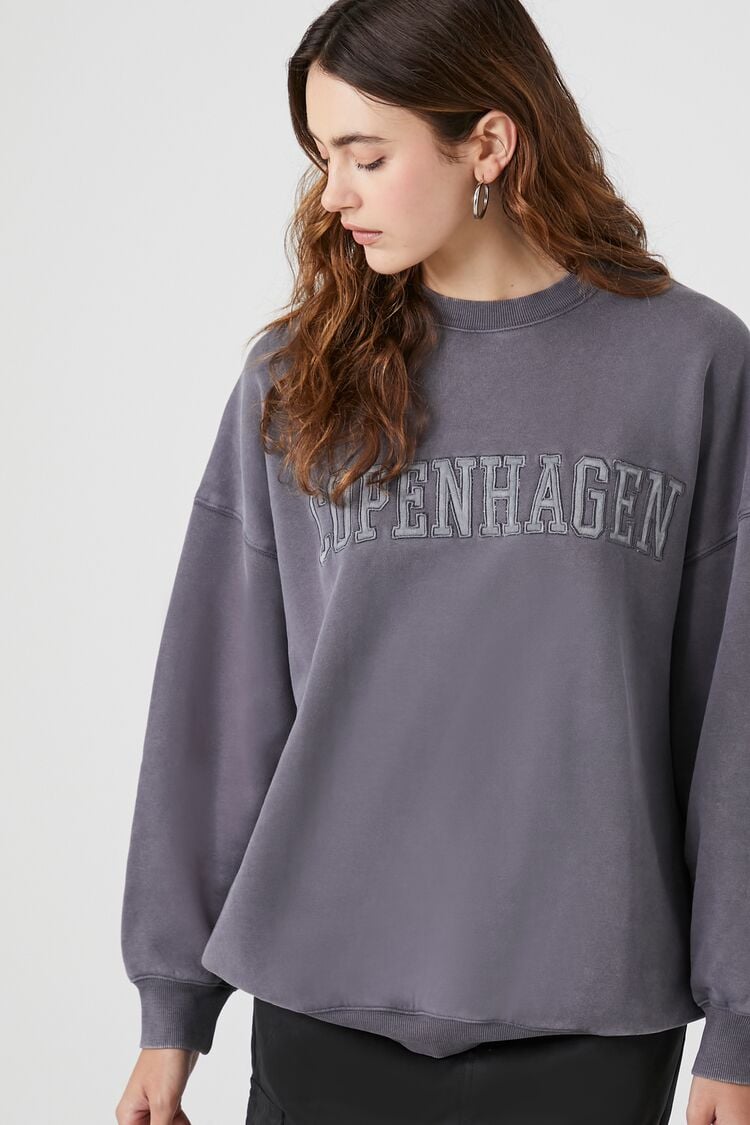 Forever 21 Women's Embroidered Copenhagen Pullover Charcoal/Multi