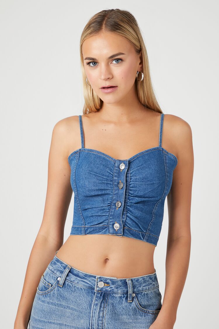 Forever 21 Women's Denim Button-Front Cropped Cami Medium Denim