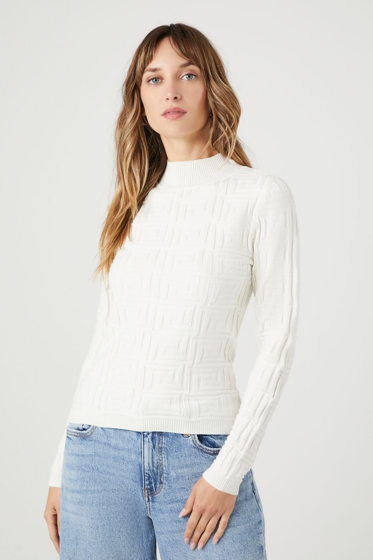 Forever 21 Knit Women's Geo Mock Neck Sweater Cream