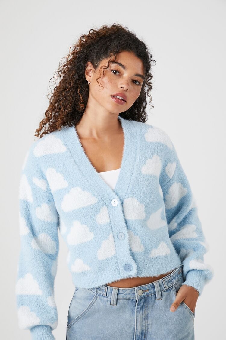 Forever 21 Knit Women's Cropped Cloud Cardigan Sweater Blue/Multi