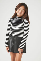 Forever 21 Knit Girls Striped Turtleneck Sweater (Kids) Black/White