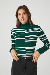 Forever 21 Knit Women's Abstract Striped Turtleneck Sweater Top Hunter Green/White