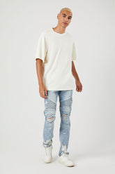 Forever 21 Men's Distressed Bleach-Dye Moto Jeans Light Denim/Multi