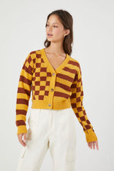 Forever 21 Knit Women's Striped & Checkered Cardigan Sweater Mustard/Multi