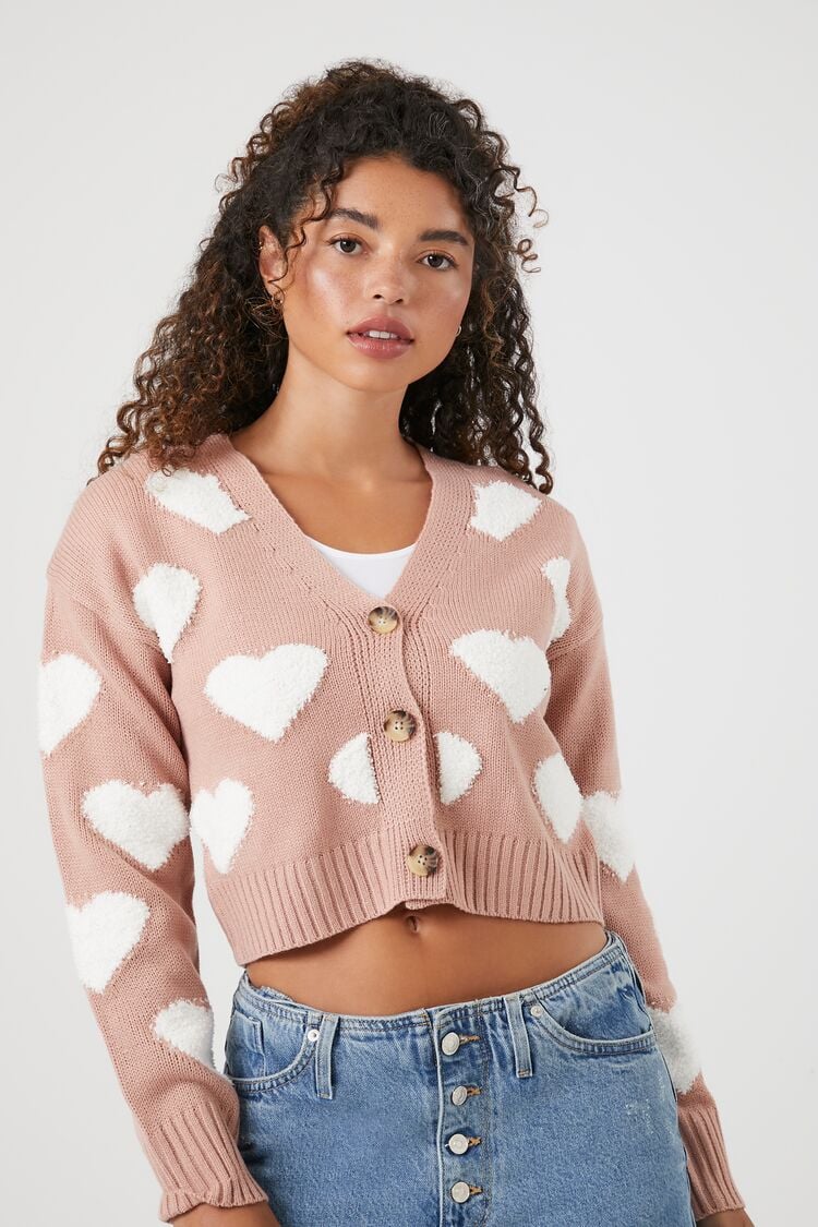 Forever 21 Knit Women's Heart Print Cardigan Sweater Pink/Multi