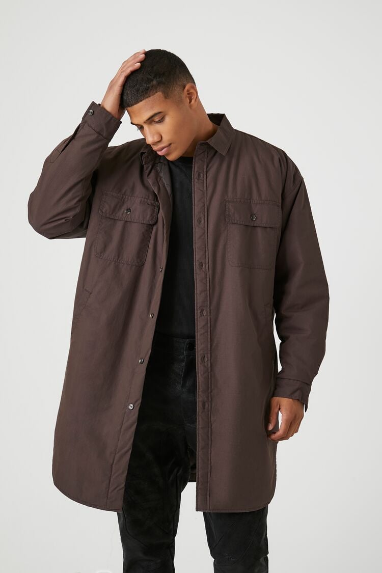 Forever 21 Men's Snap-Button Longline Shacket Brown