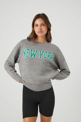 Forever 21 Knit Women's New York Drop-Sleeve Sweater Grey/Multi