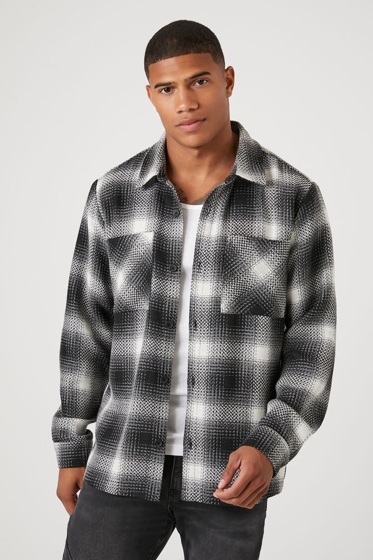 Forever 21 Men's Plaid Long-Sleeve Shirt Black/Cream