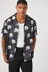 Forever 21 Men's Satin Skull Print Shirt Black/Cream