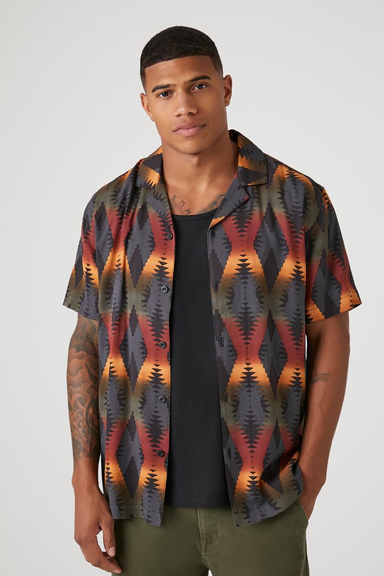 Forever 21 Men's Geo Print Short-Sleeve Shirt Black/Multi