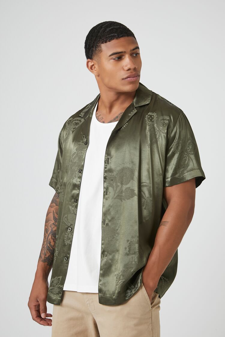 Forever 21 Men's Satin Paisley Print Shirt Olive