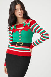 Forever 21 Knit Women's Striped Holiday Sweater Green/Multi