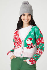 Forever 21 Knit Women's Skiing Santa Cardigan Sweater Red/Multi