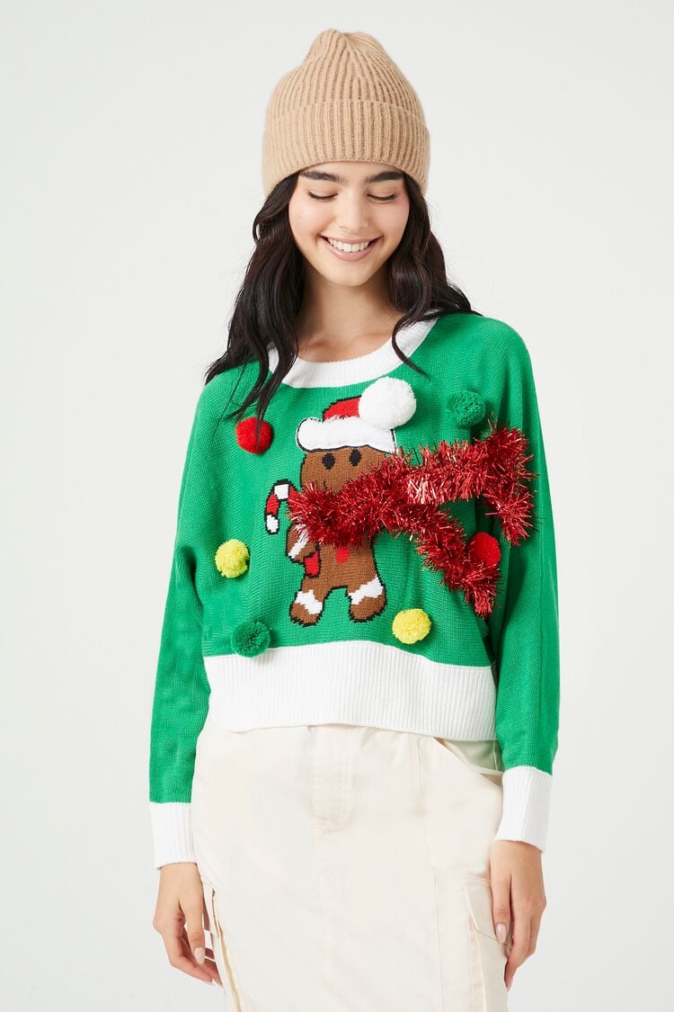 Forever 21 Knit Women's Gingerbread Man Christmas Sweater Green/Multi