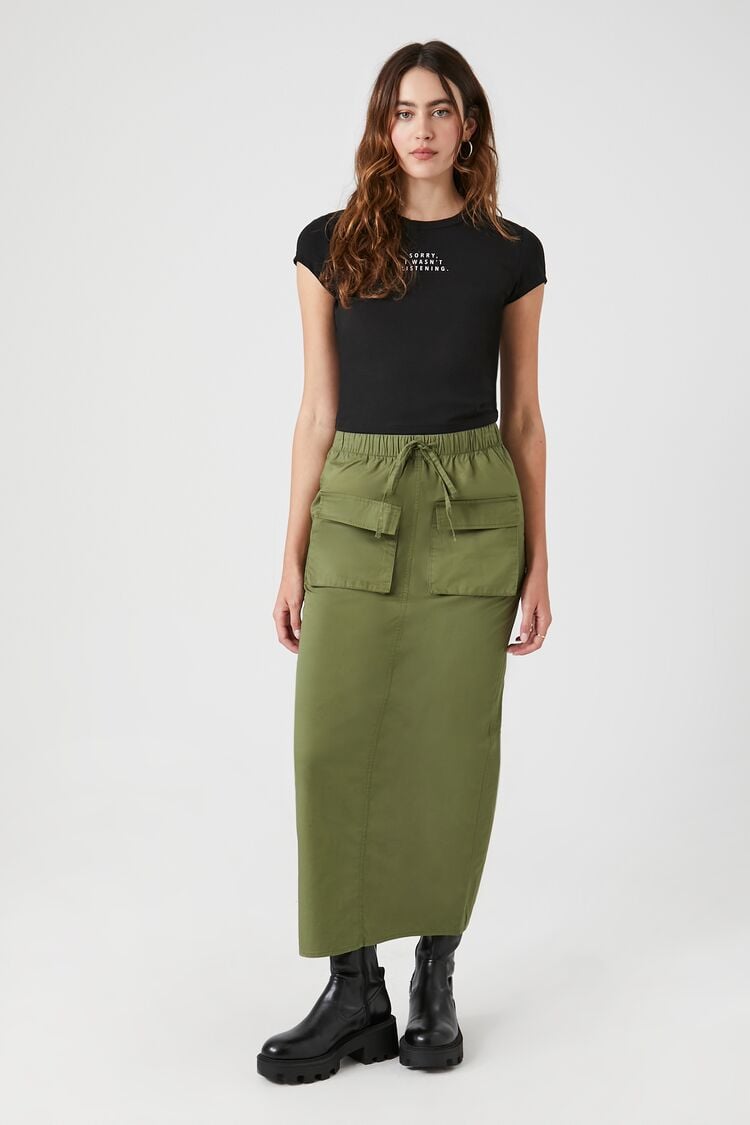 Forever 21 Women's Cargo Midi Skirt Olive