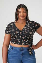 Forever 21 Plus Women's Floral Wrap Crop Top Black/Multi