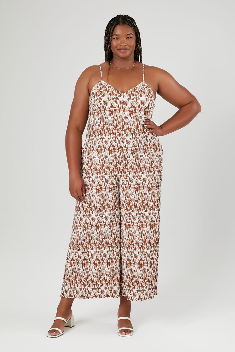 Forever 21 Plus Women's Abstract Print Wide-Leg Jumpsuit Camel/Multi