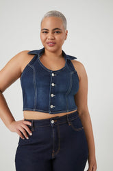 Forever 21 Plus Women's Denim Cropped Halter Top Dark Denim