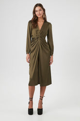 Forever 21 Women's Satin Twist-Front Midi Dress Olive