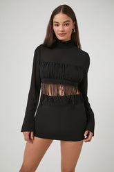 Forever 21 Women's Fringe Mock Neck Crop Top Black