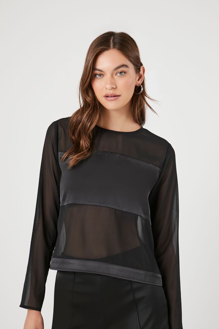 Forever 21 Women's Chiffon Mesh Panel Top Black