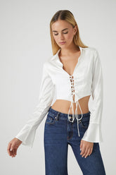 Forever 21 Women's Satin Lace-Up Crop Top White