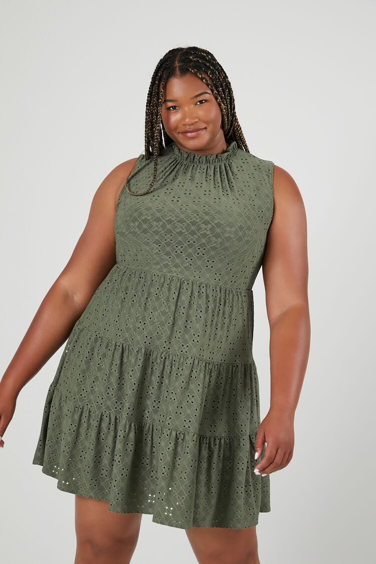 Forever 21 Plus Women's Tiered Eyelet Mini Spring/Summer Dress Sage