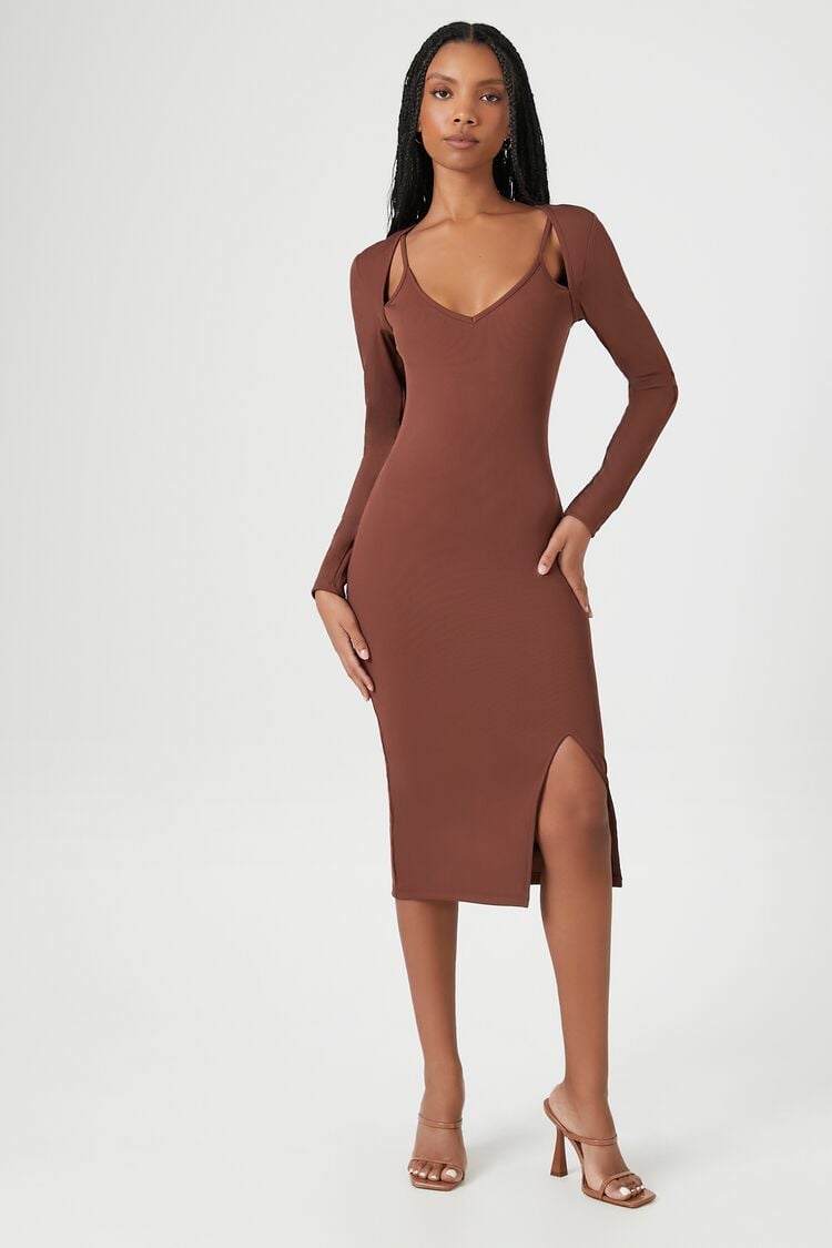 Forever 21 Women's Ribbed Combo Bodycon Midi Dress Brown