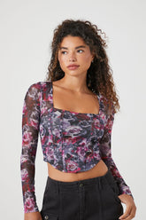 Forever 21 Women's Rose Print Mesh Crop Top Fuchsia/Multi