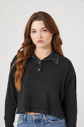 Forever 21 Women's Cropped Thermal Henley Top Black