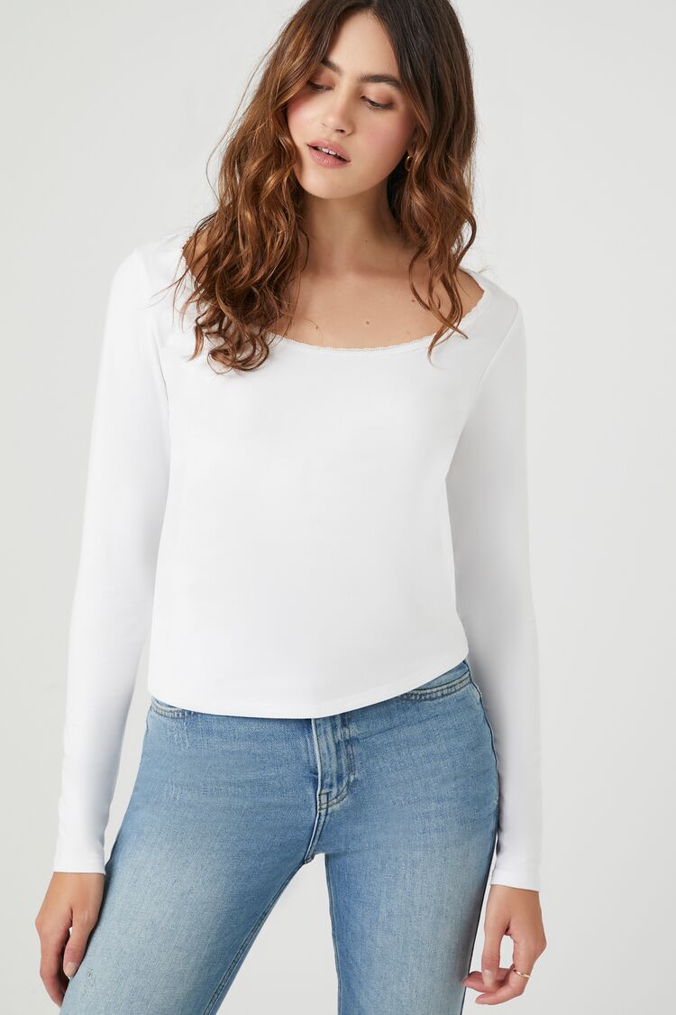 Forever 21 Women's Lace-Trim Long-Sleeve Top White