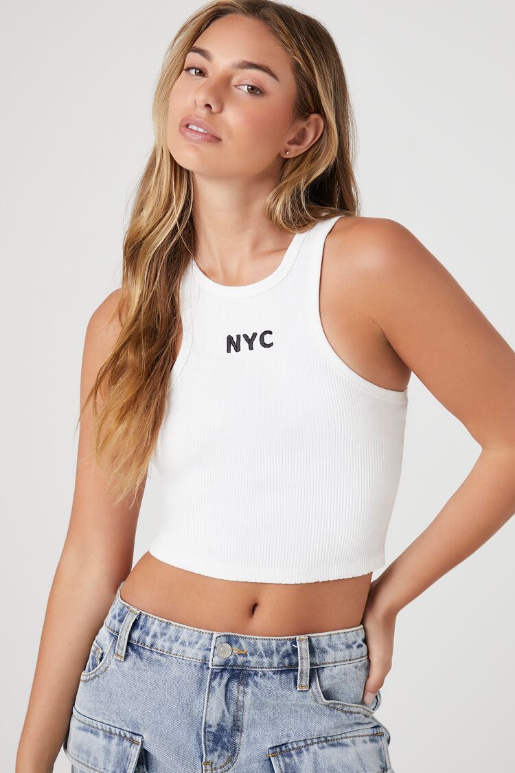 Forever 21 Women's Ribbed NYC Graphic Tank Top Cream/Black