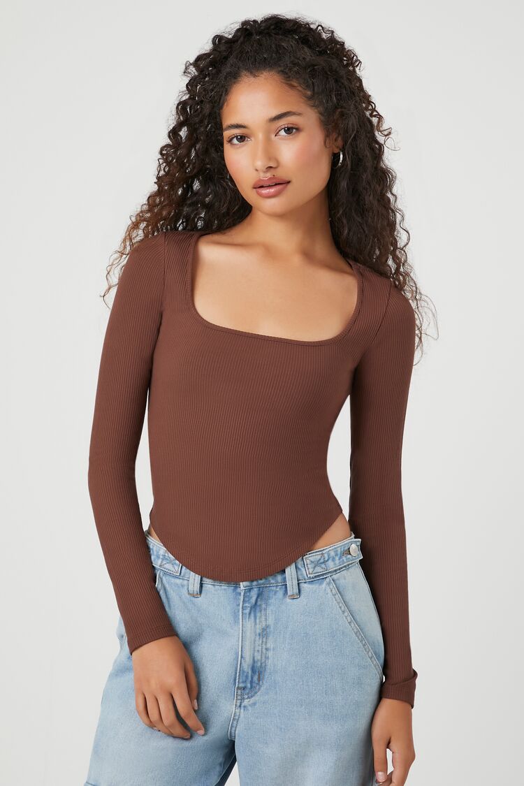 Forever 21 Women's Ribbed Knit Square-Neck Top Chocolate