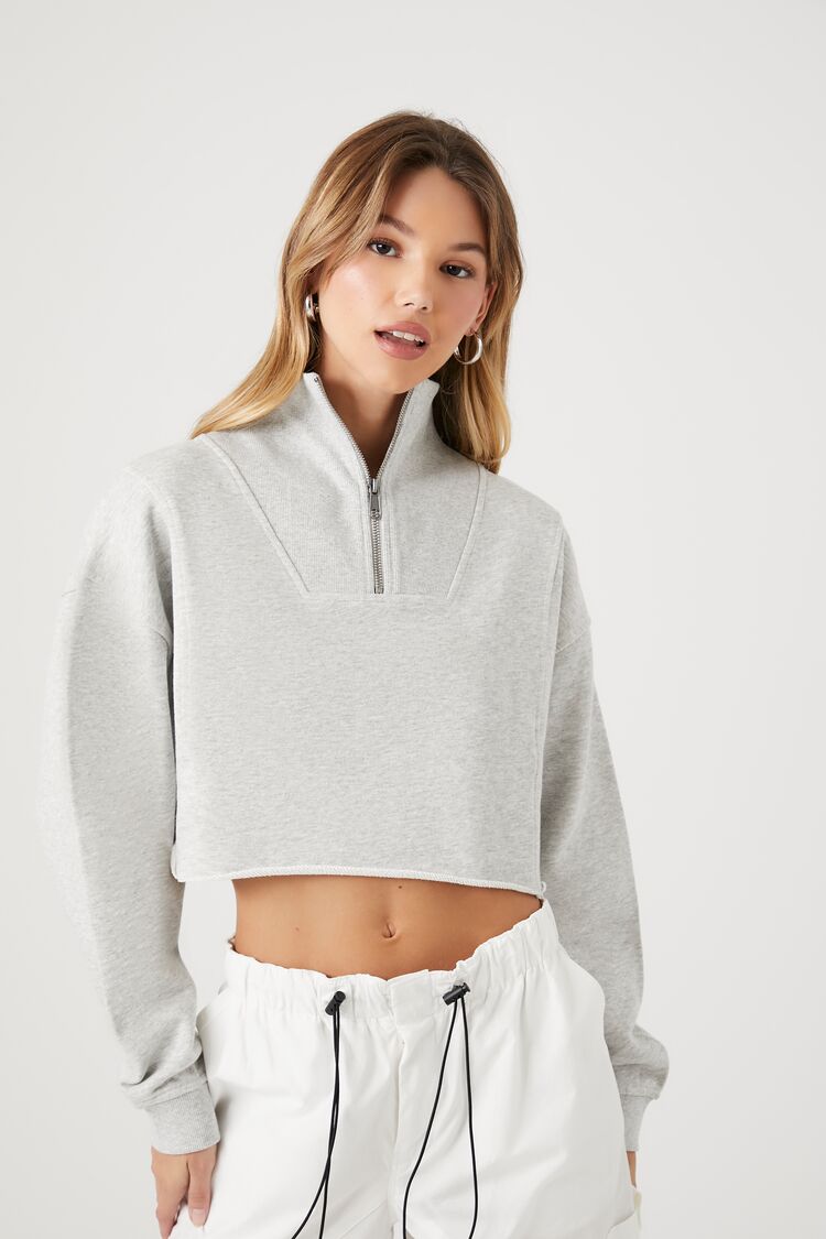 Forever 21 Women's Half-Zip Cropped Pullover Heather Grey