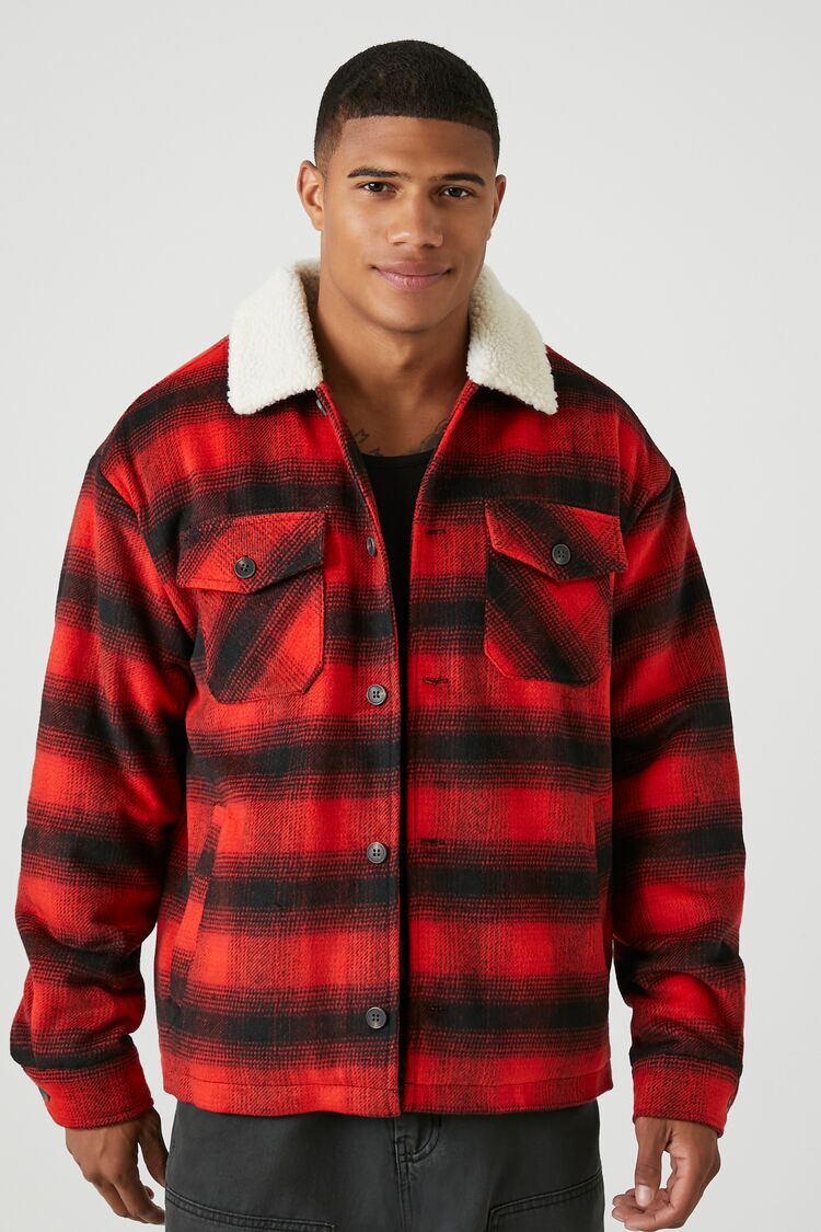 Forever 21 Men's Faux Shearling/Sherpa-Trim Plaid Jacket Red/Multi