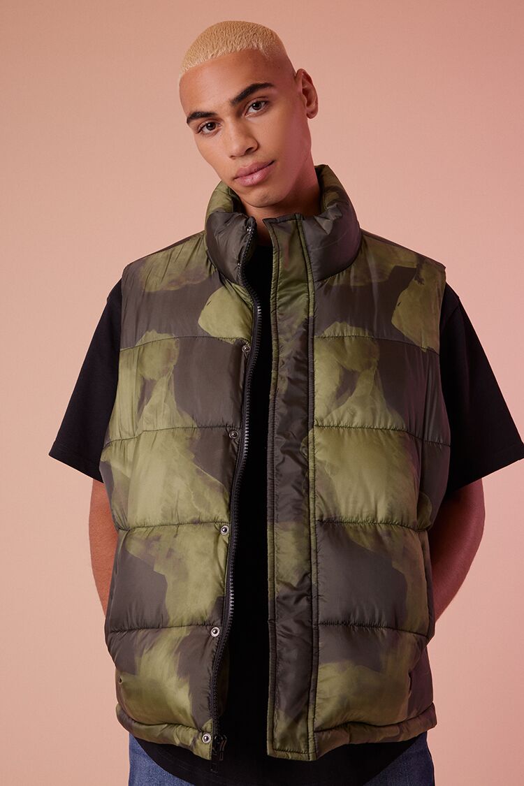 Forever 21 Men's Cloud Wash Puffer Vest Black/Olive