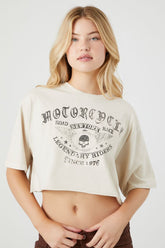 Forever 21 Women's Motorcycle Graphic Cropped T-Shirt Taupe/Multi